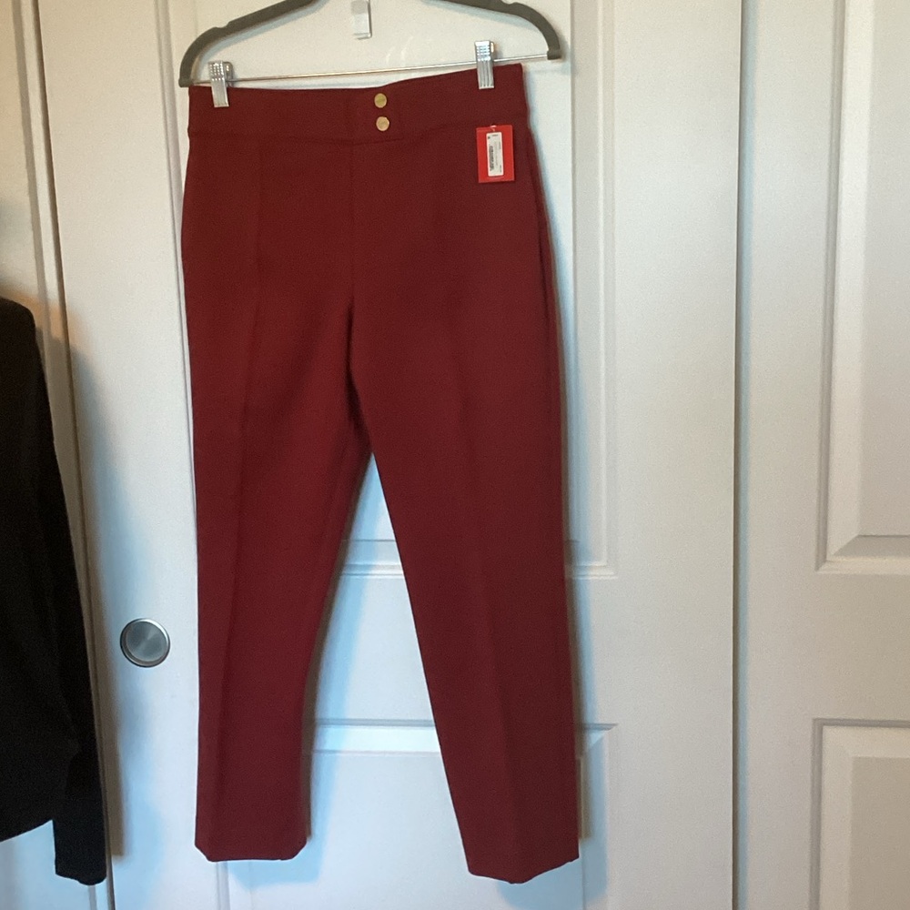 SPANX High-Rise Straight Leg Pants in Burgundy with Gold Buttons